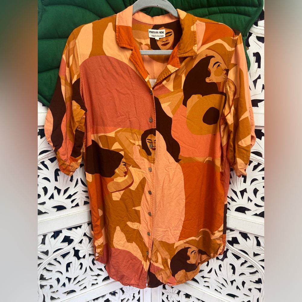 Paradise now shirt dress, size S. Orange colors/ local ladies print.